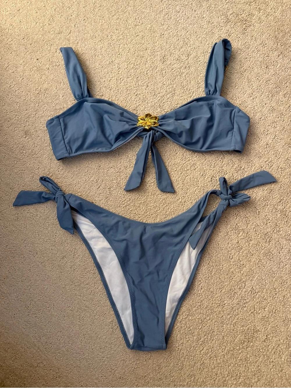 Blue Bikini Set Wide Strap Cheeky Tie Bottoms Gold Accent Sweetheart Neck XL